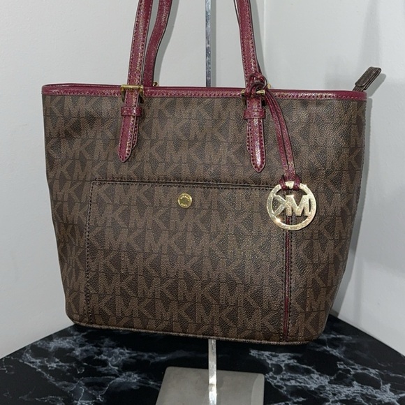 MICHAEL KORS Jet Set Travel Medium Canvas Leather Tote Brown/Red AUTHENTIC - Picture 3 of 10